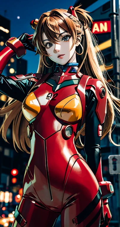 1 garota, Sozinho, olhando para o espectador, corpo todo, standing, Cabelo longo, asuka Cosplay costume, Cosplay, Plugsuit, May, enfeite de cabelo, fundo detalhado, na rua, noite, Luz, chuva, com fones de ouvidos ouvindo e dancando musica com luzes de led e carros