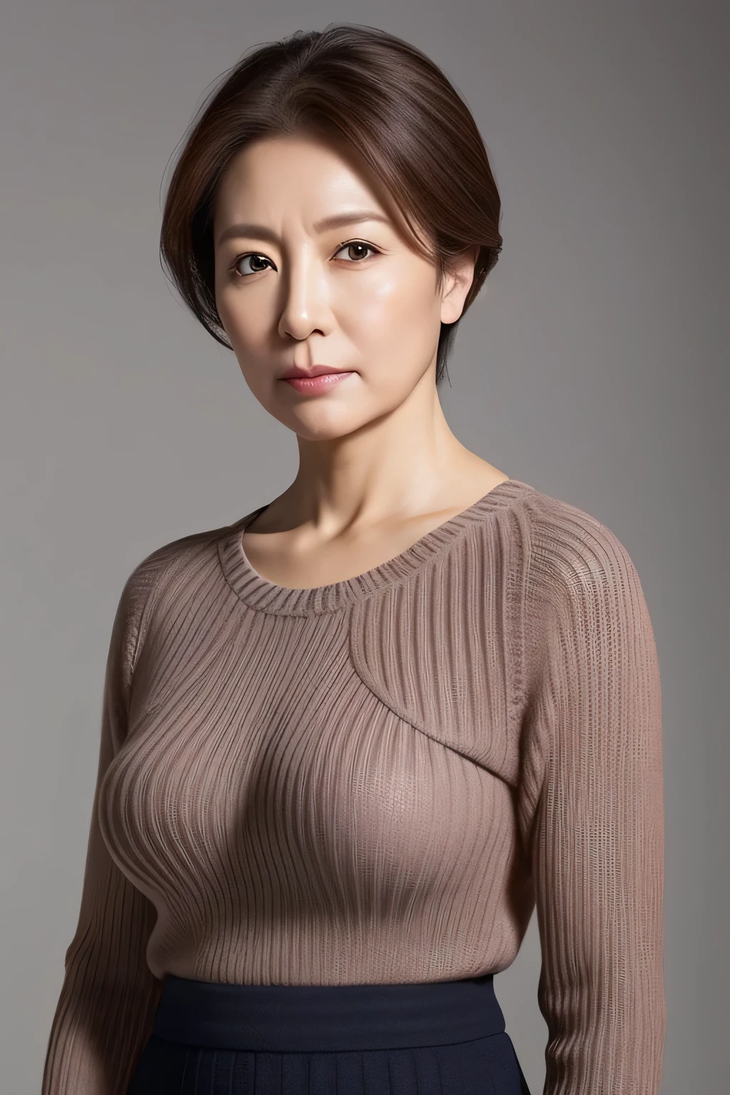 High resolution, High level image quality, high detail, masterpiece, rough skin, anatomically correct, sharp, gray background((japanese mature, 60 years old)), alone, ((facial wrinkles)), good shape big breasts, Straight light brown hair that reaches to the shoulders, Chubby body type (((stand upright, facing the center of the screen.))), Close your mouth and look straight ahead with a serious face, sweater, skirt, ((cowboy shot)),