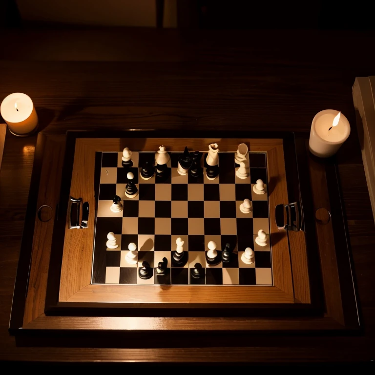 darkened room，candlelight，Complete chess board，HD，top view