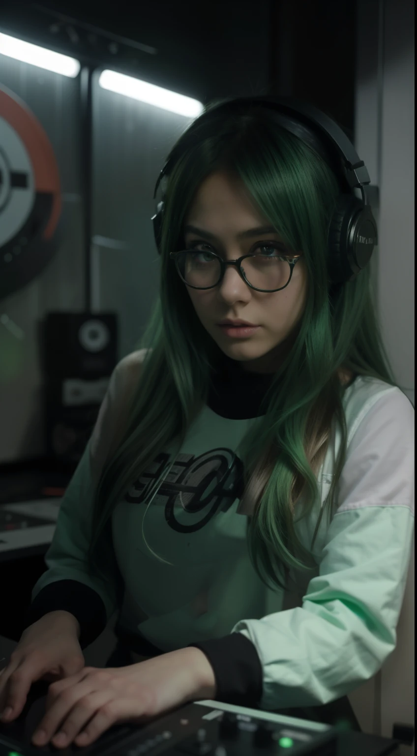 anime, deejaying girl, dj, dj girl, headphones, rave, (highest picture quality),masterpiece,best quality,extremely detailed CG wallpaper, ultra_detailed,(Cinematic Lighting:1.1), (cold face), green eyes, 1girl, solo, dark-green_hair, shot_hair, masterpiece, best quality, glasses sexy_luck,