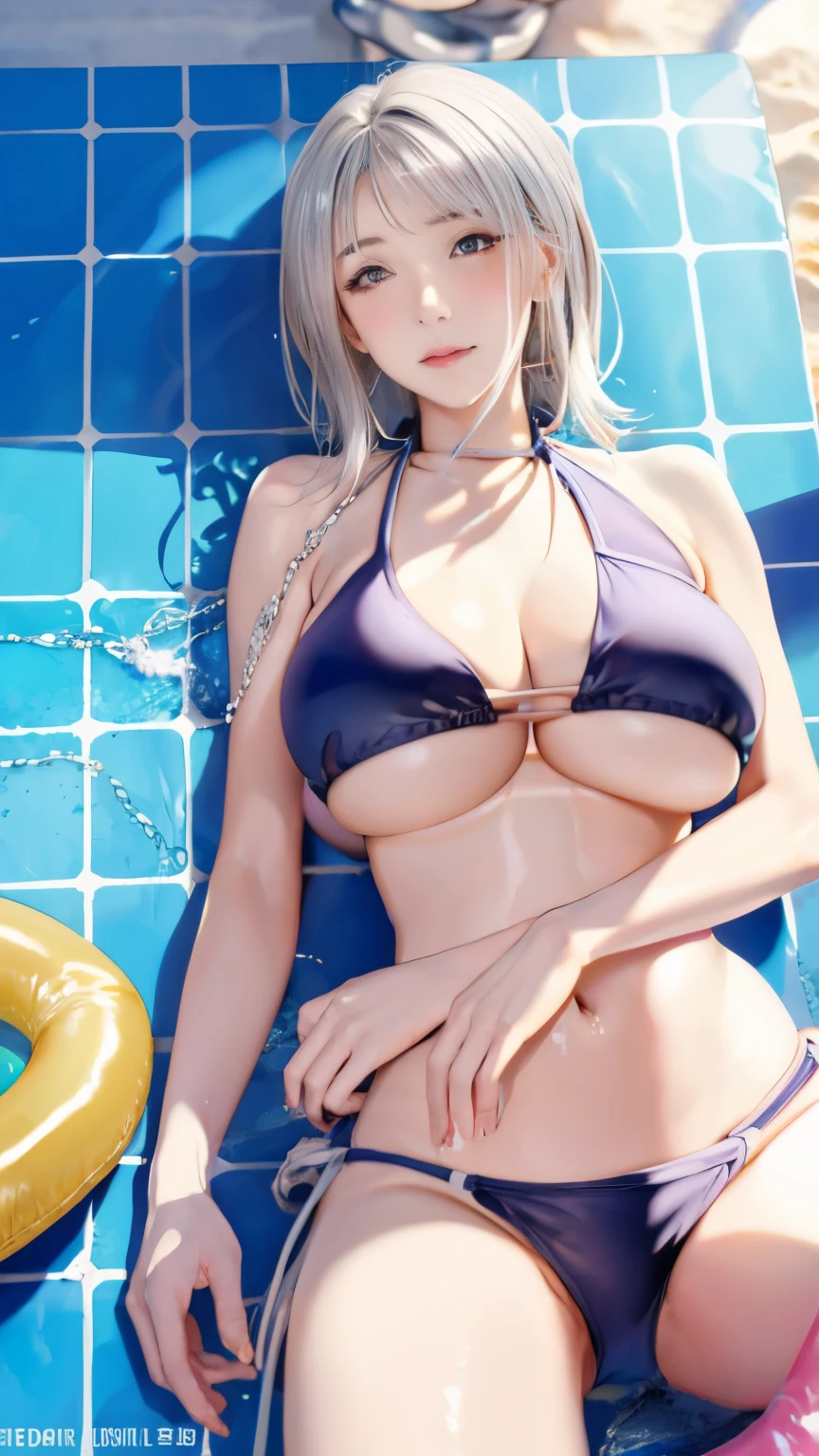 High quality、Highest image quality、movie atmosphere、1girl, breasts,, one-piece swimsuit,large breasts,blush, wet, armpits, injury, breasts out, solo focus, collarbone, poolside, looking at viewer, thighs,wet swimsuit,(torn clothes), (shiny skin、Shiny skin、oil skin、Shiny radiant skin、Sweat、wet skin、完璧な化粧、完璧な人体、詳細な背景、背景ボケ味、詳細な人物と顔、), (underboob Bikini:1.8)、((chain Bikini、silver))、ホテルのベッド