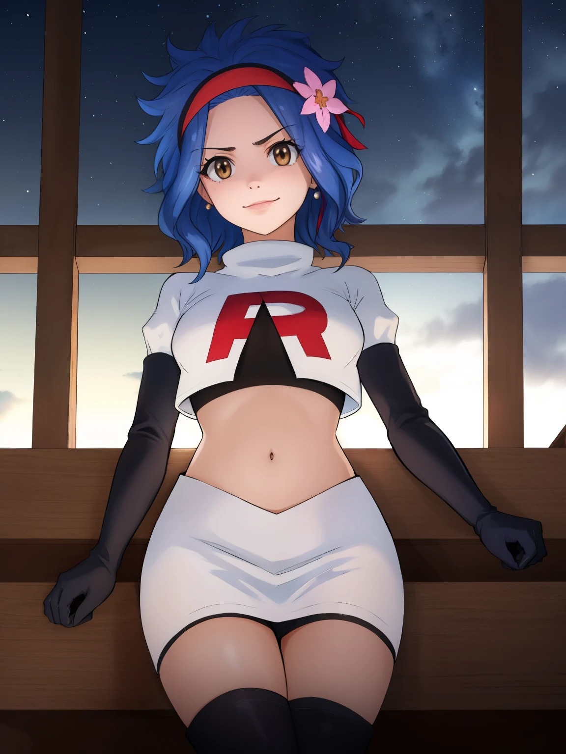 1girl, solo ,LEVY MCGARDEN, (BROWN EYES:1.35), BLUE HAIR, SHORT HAIR, SIDELOCKS, HEADBAND ,HAIR FLOWER ,glossy lips, earings ,team rocket uniform, red letter R, white skirt,white crop top,black thigh-high boots, black elbow gloves, closed mouth, evil smile, looking down on viewer, sitting down ,legs crossed, night sky background