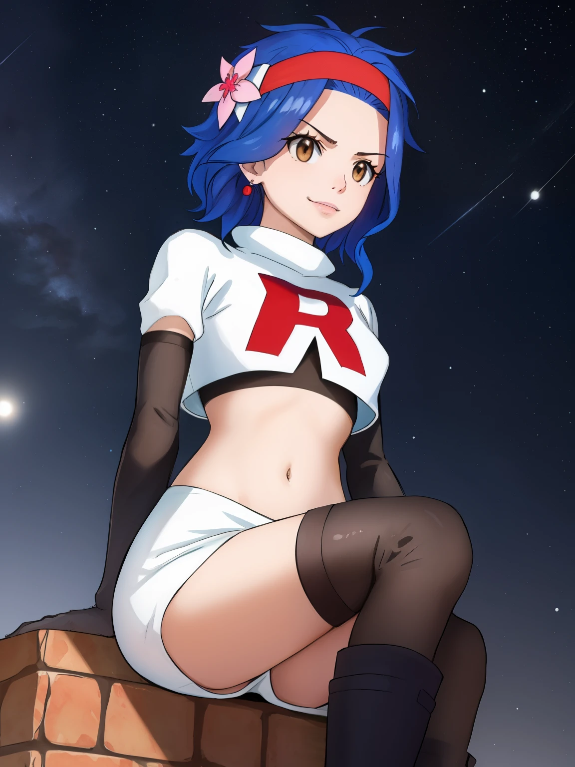 1girl, solo ,LEVY MCGARDEN, (BROWN EYES:1.35), BLUE HAIR, SHORT HAIR, SIDELOCKS, HEADBAND ,HAIR FLOWER ,glossy lips, earings ,team rocket uniform, red letter R, white skirt,white crop top,black thigh-high boots, black elbow gloves, closed mouth, evil smile, looking down on viewer, sitting down ,legs crossed, night sky background