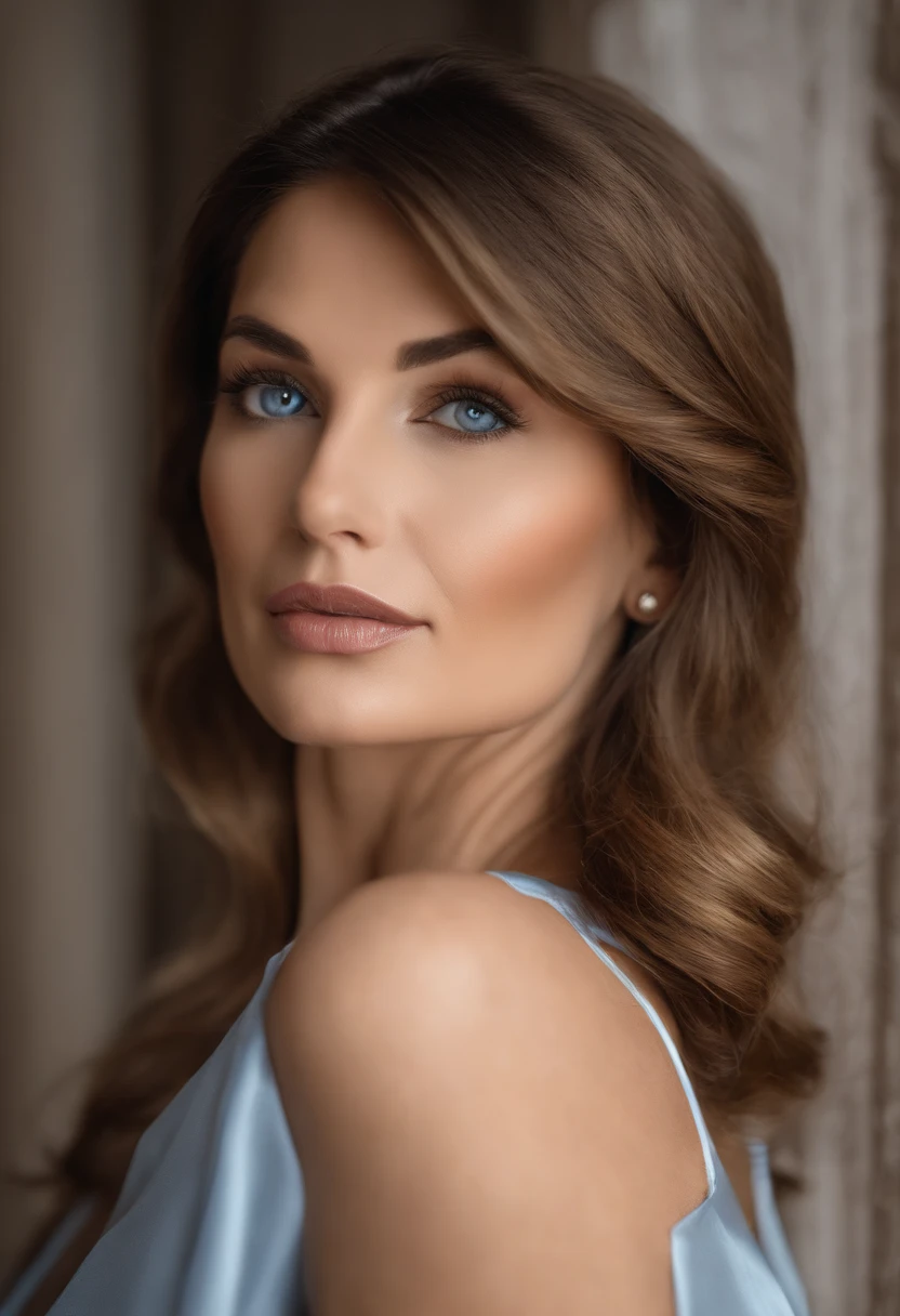 (big cat eyes, detailed tall woman,short brown hair, beautiful blue eyes, square face, elegant, romantic kiss, pretty) , mature woman with a big cat eyes and a tall, slender figure. She has short, brown hair that frames her face perfectly, accentuating her beautiful blue eyes. Her square-shaped face gives her a strong and sophisticated appearance. She exudes an air of elegance and confidence as she leans in for a romantic kiss. Her lips are full and inviting, adding to her allure. The woman's overall look is one of maturity and grace, making her captivating to behold.
The picture is of high quality, with a resolution of 4k or 8k, showcasing the finest details. The image is ultra-detailed, capturing every intricate feature of the woman's face and expression. It is realistic and photorealistic, providing a lifelike representation of the subject. The lighting in the image is perfectly balanced, with studio lighting enhancing the woman's features. The colors used are vivid and vibrant, adding to the overall impact of the image.
The background of the picture is kept minimal, highlighting the woman as the main focus. It can be a simple solid color or a soft blur, ensuring that all attention is on the woman. This minimalist background allows the viewer to fully appreciate the woman's beauty and elegance.
The style of the artwork is portraiture, focusing on capturing the essence and personality of the subject. The artist aims to showcase the woman's mature charm and captivating presence through the painting. The artwork is reminiscent of classic portraits, displaying a timeless quality.
The color tone of the image is cool and inviting, with a touch of warmth to add depth and interest. The cool blues and soft browns create a calming and soothing atmosphere, while the warmer tones bring life and vibrancy to the painting. The overall color palette is harmonious and pleasing to the eye.
Overall, the prompt describes a visually stunning and emotionally engaging artwork of a mature woman with big cat eyes. It captures her elegance, beauty, and charm, highlighting her features and personality with every brushstroke. The painting invites viewers to appreciate the intricate details and immerse themselves in the captivating world of the woman's gaze and presence.
