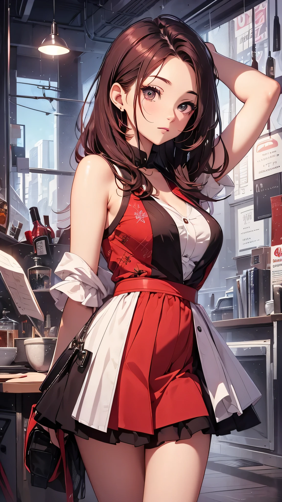 最high quality、best image quality、masterpiece、age girl((18-year-old、 By becoming、vest bust、medium bust,wide open breast tea、black eye, redhead、shortcut、thin,highest valley、red dress、drunk、drinking wine)),high quality、beautiful art、background((nightbar)),debris flies、Depth of written boundary、movie、visual art、perfect art、8K,genuine、anime style