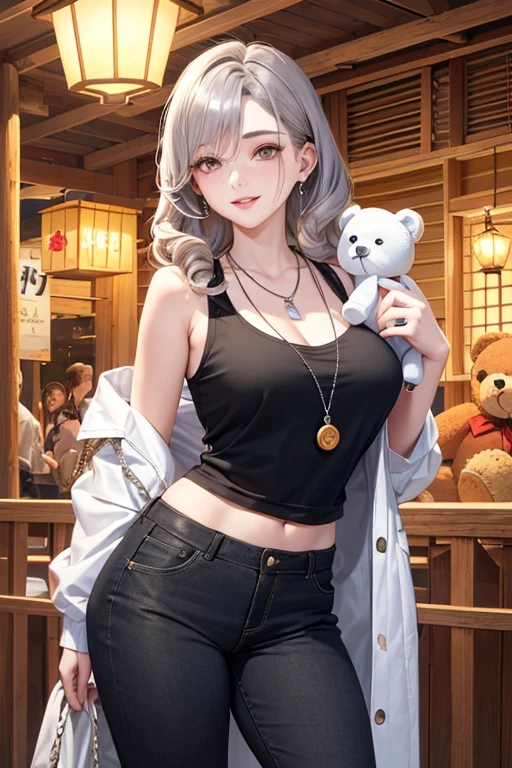(Masterpiece: 1.5, best quality, high resolution: 1.3, super resolution, super detailed, ultra detailed: 1.3, rich background: 1.2, 1 woman)) pale skin + blonde hair + long straight hair + side bangs + brown eyes + long eyelashes + chubby body + big chest + wide hips + freckles on cheeks, breasts and shoulders (tank shirt, wide pants, sagging jacket showing shoulders, two necklaces, simple short necklace, long necklace with an emblem) ((smiles, holds a teddy bear, festival background, warm lantern lights)) (colors for clothing and accessories: silver, black, white, cream, red, light blue)