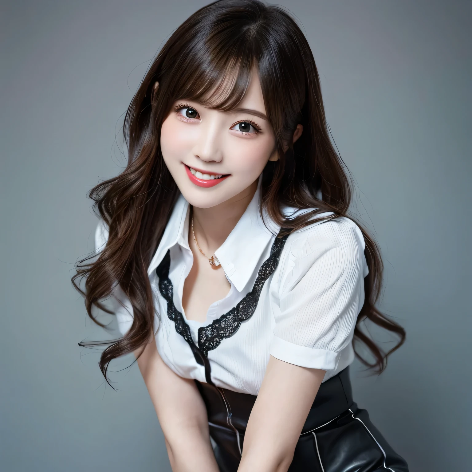 on the table, best quality, illustration, Super detailed, fine details, high resolution, 8k wallpaper, Perfect dynamic composition, Beautiful and delicate eyes,full body photography，show your whole body、collared shirt、mini skirt,thin and transparent、long gray hair,Huge cleavage, Bold sexy pose,Smile,Harajuku、20 year old girl、huge :1.5、Above the legs