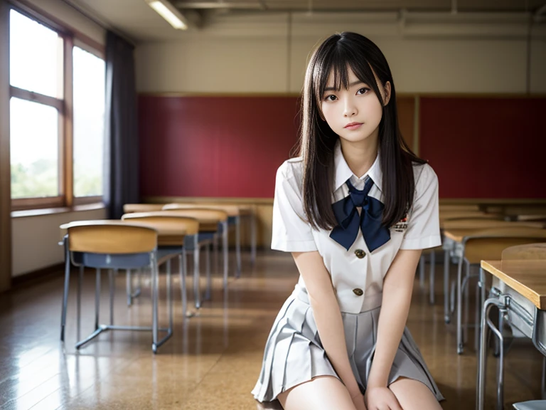 masterpiece, highest quality, 8K, RAW photo,
1 beautiful Japanese girl, 17 years old, cute face, (haircut of uniform length:1.2), (one length), Beautiful shiny black hair, straight hair, Clear white skin, pale skin, composed expression, Japanese High School Uniforms, (long pleated skirt), school classroom, ((full body to the toes)), She is barefoot, beautiful legs, sitting on a chair, leg lift, Beautiful thighs,
The room is dimly lit, evening, dusk, magic hour,