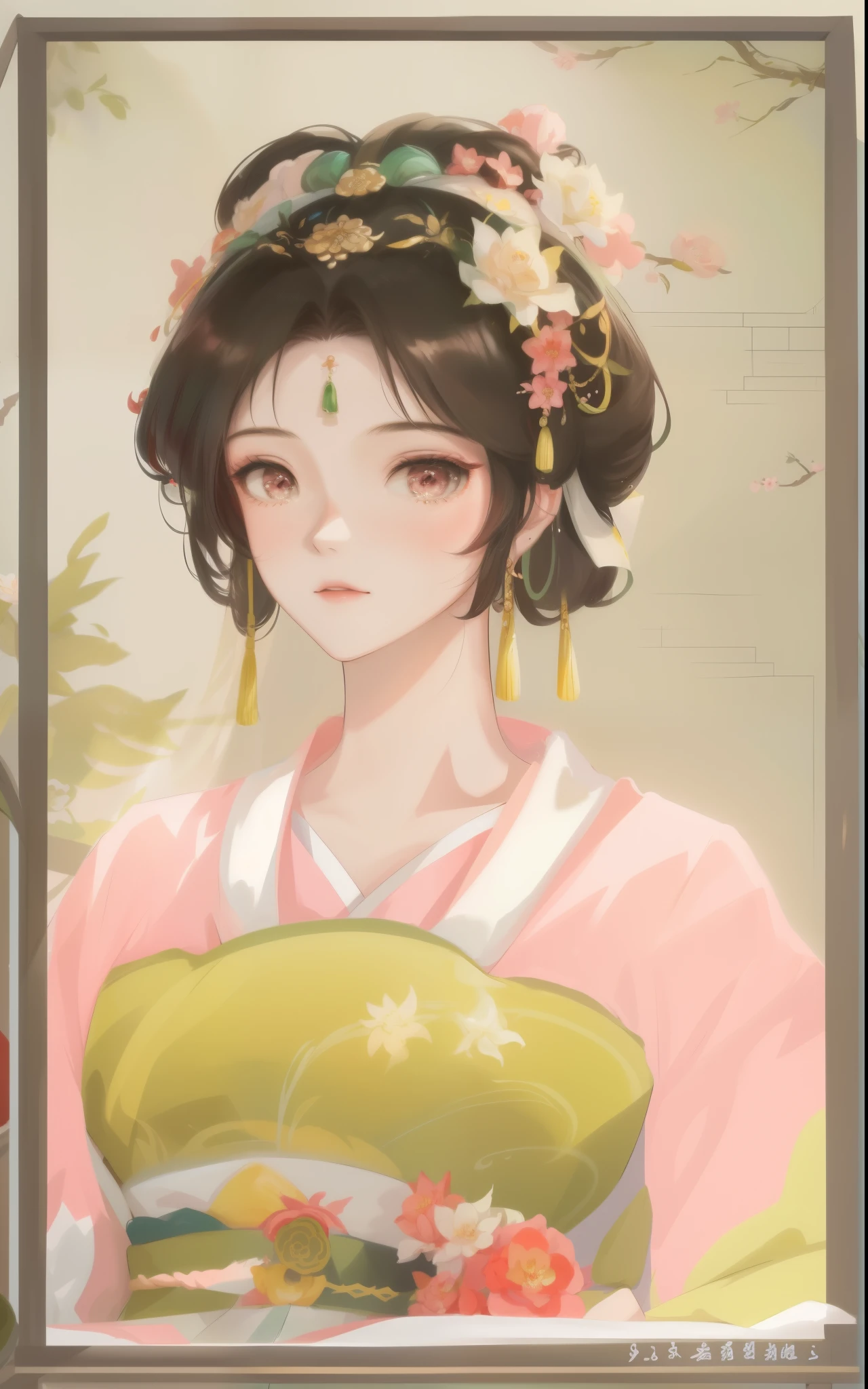 Close-up of a woman wearing a pink dress and a green fan, palace ， A girl wearing Hanfu, beautiful fantasy queen, ((beautiful fantasy queen)), ancient chinese princess, Inspired by Qiu Ying, Inspired by Lan Ying, Princess of the Asian Dynasty, Queen of China, chinese princess, Inspired by Ma Yuanyu, Beautiful rendering of the Tang Dynasty