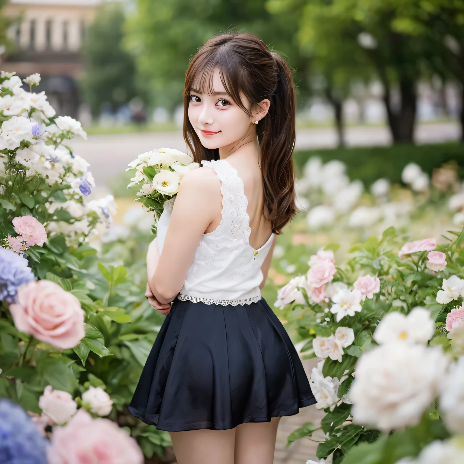 Smile、night、original photography、(((ultimate beauty portrait)))、((sparkling skin))、1 girl、24 year old beautiful girl from Prague、bright expression、((brown hair))、((Big eyes sparkling like gems))、、pantyhose、Glowing and radiant skin、(medium hair)、(silk ponytail)、(standing)、(from below)、under skirt、(from below看内衣的特写)、Eyeliner、beautiful bangs、hair between eyes、((masterpiece、top quality、Super detailed、movie light、intricate details、high resolution、Very detailed))、background for this、8 kood、digital SLR、soft light、high quality、film grain、富士XT3 、shallow view deep、natural soft light、Kamimei、Above the legs、whole body、 Rear view、Holding a bouquet of flowers