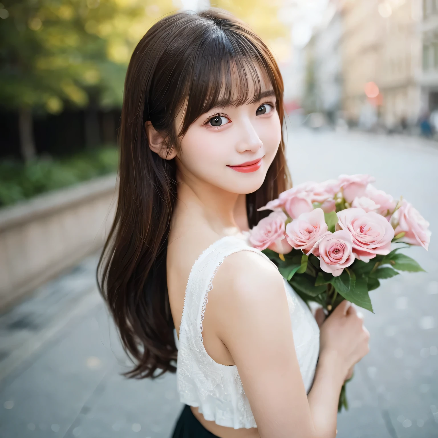 Smile、night、original photography、(((ultimate beauty portrait)))、((sparkling skin))、1 girl、24 year old beautiful girl from Prague、bright expression、((brown hair))、((Big eyes sparkling like gems))、、pantyhose、Glowing and radiant skin、(medium hair)、(silk ponytail)、(standing)、(from below)、under skirt、(from below看内衣的特写)、Eyeliner、beautiful bangs、hair between eyes、((masterpiece、top quality、Super detailed、movie light、intricate details、high resolution、Very detailed))、background for this、8 kood、digital SLR、soft light、high quality、film grain、富士XT3 、shallow view deep、natural soft light、Kamimei、Above the legs、whole body、 Rear view、Holding a bouquet of flowers
