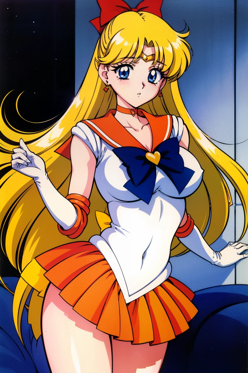 1990s \(style\), 1990s anime cels style, masterpiece, best quality, high resolution, large breasts, 1girl, solo, MinakoAino, bangs, (sailor Venus ,hair bow, elbow gloves, neck ribbon, bangs, long hair, circlet, jewelry, flower earrings, orange sailor collar), (embarrassed), orange skirt