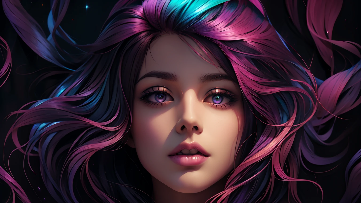 A woman’s face with colorful hair and waves surrounding her, in the style of realistic fantasy, neon color palette, dark bronze and violet, split toning, exotic realism, contest winner, gorgeous colors