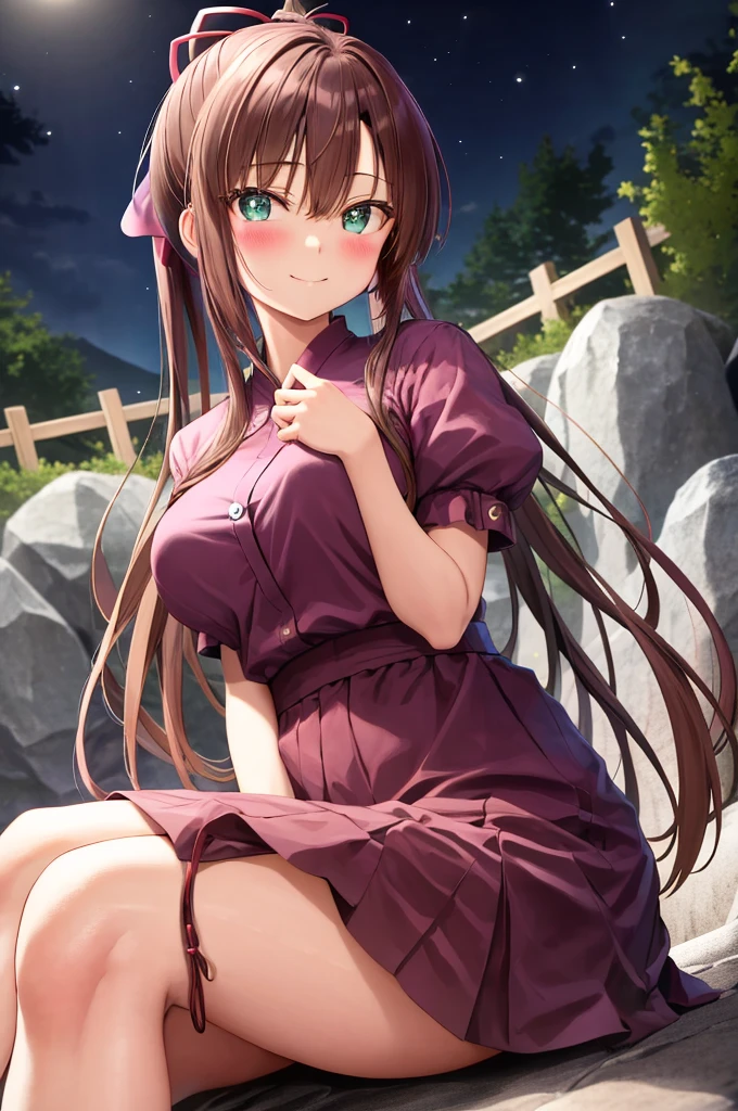 masterpiece, best quality, 1girl kirasaka sayaka high ponytail hair ribbon,BREAK medium breasts, crossed legs, sitting, looking at the viewer, onsen, stone, night, blush, smile, sitting BREAK medium breasts, crossed legs, sitting, looking at the viewer, onsen, stone, night, blush, 