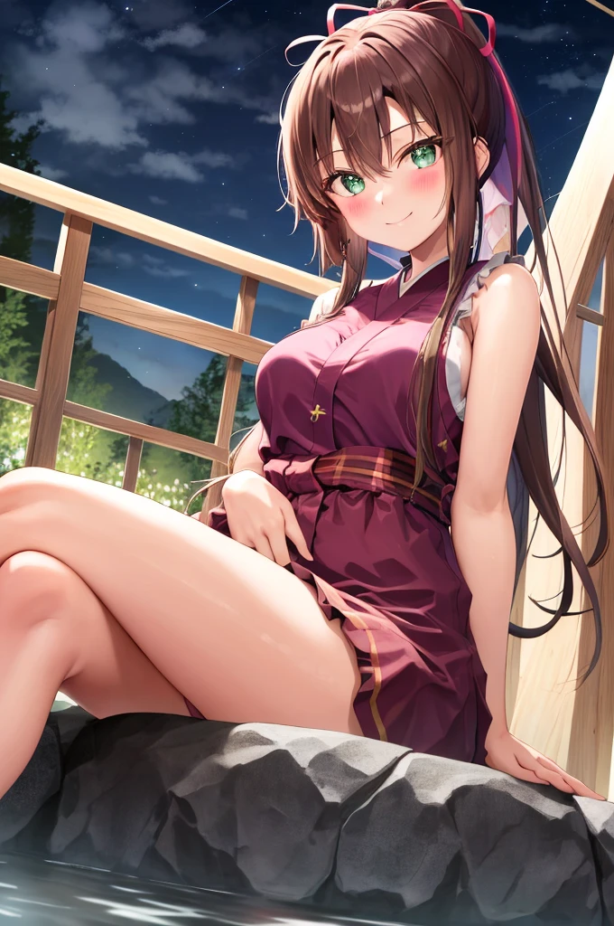 masterpiece, best quality, 1girl kirasaka sayaka high ponytail hair ribbon,BREAK medium breasts, crossed legs, sitting, looking at the viewer, onsen, stone, night, blush, smile, sitting BREAK medium breasts, crossed legs, sitting, looking at the viewer, onsen, stone, night, blush, 