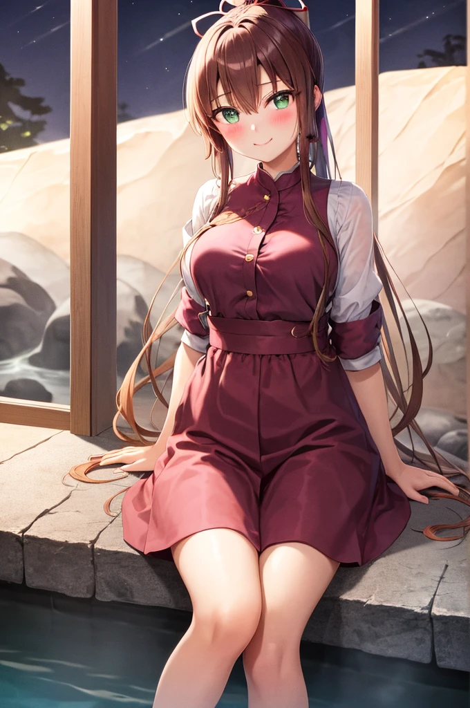 masterpiece, best quality, 1girl kirasaka sayaka high ponytail hair ribbon,BREAK medium breasts, crossed legs, sitting, looking at the viewer, onsen, stone, night, blush, smile, sitting BREAK medium breasts, crossed legs, sitting, looking at the viewer, onsen, stone, night, blush,