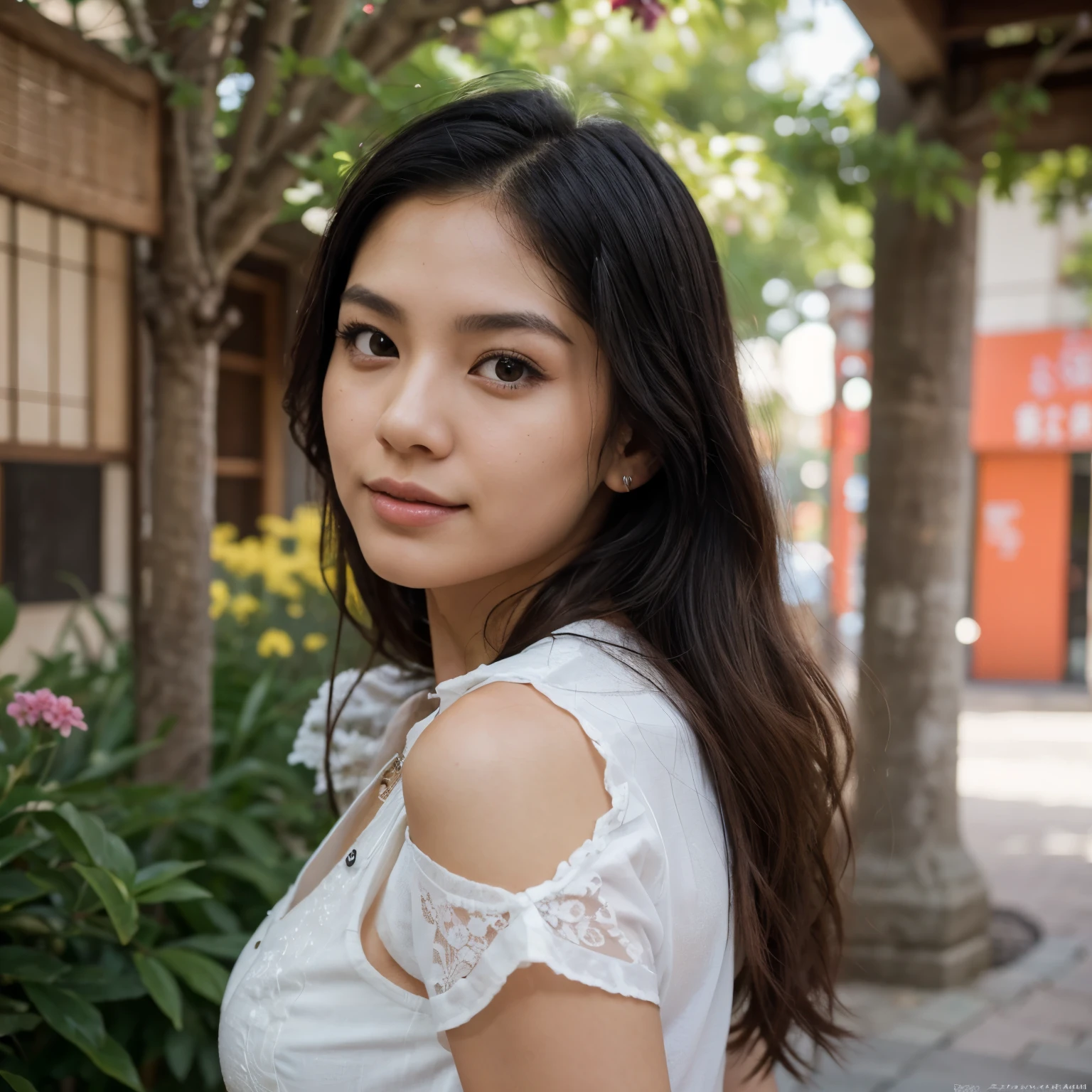 photo of black hair female, natural skin, realistic skin, beautiful refined oily skin, real skin texture, sharp face lines, skinny face, beautiful slim face, black long hair, beautiful dimples cheeks, slim beautiful japanese face, beautiful face, beautiful nose, masterpiece, high resolution, 21 years old, busty female, american mixed japanese ethnic female, whimsical setting, wearing a pastel tulle skirt and a lacy top, playfully twirling, surrounded by soft, colorful flowers