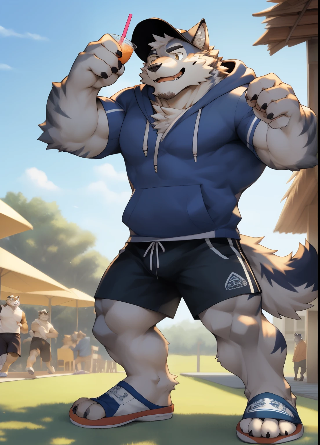 hairy,((Wolf,hoodie,shorts,slippers)),white fur,male,Common,full body picture((极其lifelike阴影,masterpiece,Very detailed,lifelike)), ((Cat)),dynamic poses,Tanonaka,wearing a straw hat,Smile((极其lifelike背景,masterpiece,Very detailed,lifelike))