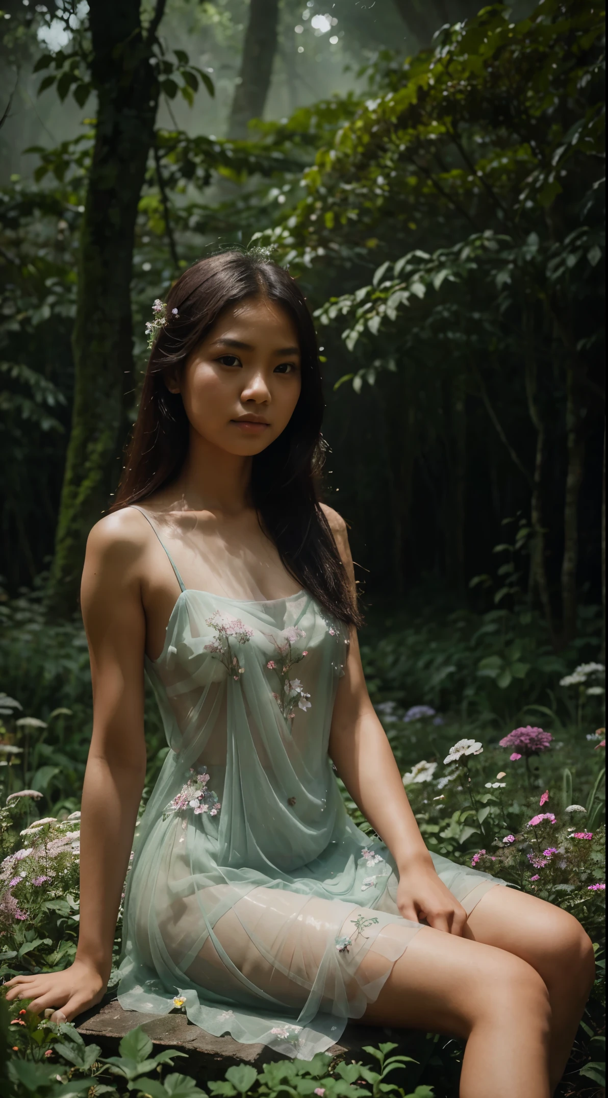 An Indonesian girl wearing a transparent dress sits among the flowers, creating a stunning image with a misty forest theme. Natural beauty and mystical impression are integrated in this moment, highlighting the girl's elegance amidst a magical atmosphere.