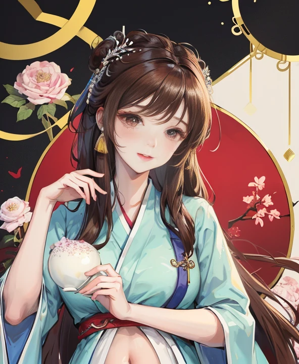 masterpiece, best quality，Five  pregnant， aldult, Chinese style, China, elder sister,  Smile, brown hair, princess cut, Full of motherhood，Hanfu，Pure affection，blush，Dignified yet lively，Mother，Place your hands on your stomach，Full of motherhood，Sexy，charming，Graceful and graceful，A thousand flavors，charming，With a royal air，long hair，With hairpins，长Hanfu，beautiful，beautiful，The hand caressed the belly，charming的，眼神Lovely，Lovely，White tights