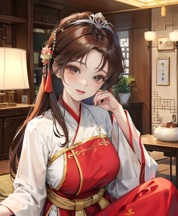 masterpiece, best quality,Five months pregnant, aldult, Chinese style, China, elder sister, Smile, brown hair, princess cut, Full of motherhood,Hanfu,Pure affection,blush,Dignified yet lively,Mother,Place your hands on your stomach,Full of motherhood,Sexy,charming,Graceful and graceful,A thousand flavors,charming,With a royal air,long hair,With hairpins,长Hanfu,beautiful,beautiful,The hand caressed the belly,charming的,眼神Lovely,Lovely,White tights