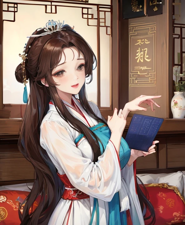 masterpiece, best quality,Five pregnant, aldult, Chinese style, China, elder sister, Smile, brown hair, princess cut, Full of motherhood,Hanfu,Pure affection,blush,Dignified yet lively,Mother,Place your hands on your stomach,Full of motherhood,Sexy,charming,Graceful and graceful,A thousand flavors,charming,With a royal air,long hair,With hairpins,长Hanfu,beautiful,beautiful,The hand caressed the belly,charming的,眼神Lovely,Lovely,White tights