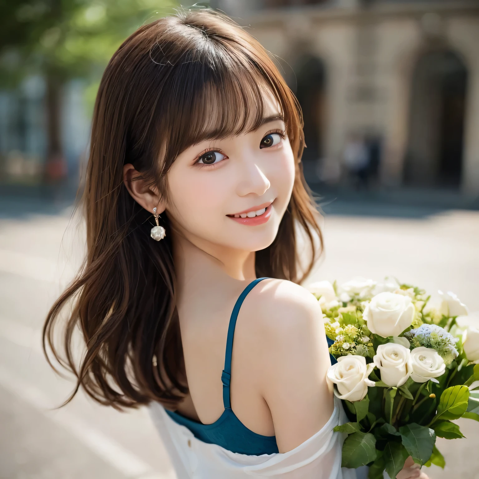 Smile、night、original photography、(((ultimate beauty portrait)))、((sparkling skin))、1 girl、24 year old beautiful girl from Prague、bright expression、((brown hair))、((Big eyes sparkling like gems))、、pantyhose、Glowing and radiant skin、(medium hair)、(silk ponytail)、(standing)、(from below)、under skirt、(from below看内衣的特写)、Eyeliner、beautiful bangs、hair between eyes、((masterpiece、top quality、Super detailed、movie light、intricate details、high resolution、Very detailed))、background for this、8 kood、digital SLR、soft light、high quality、film grain、富士XT3 、shallow view deep、natural soft light、Kamimei、Above the legs、whole body、 Rear view、Holding a bouquet of flowers
