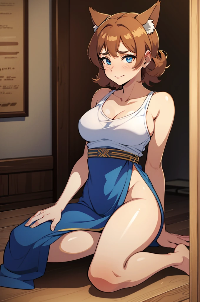1 girl, solo, semi-large breast, ((hot)), attractive, look at viewer, Irma, Irma_lair, short hair, curls, brown hair, light blue eyes, 25 years old, Brown Wolf Tail, Brown wolf Ears, no human ears, (wolf_girl), (ancient greek clothes), (sexy toga), slutty, medieval room, bedroom, sitting on bed, sultry, playful, erotic, exotic, bashful, happy, (undressing),