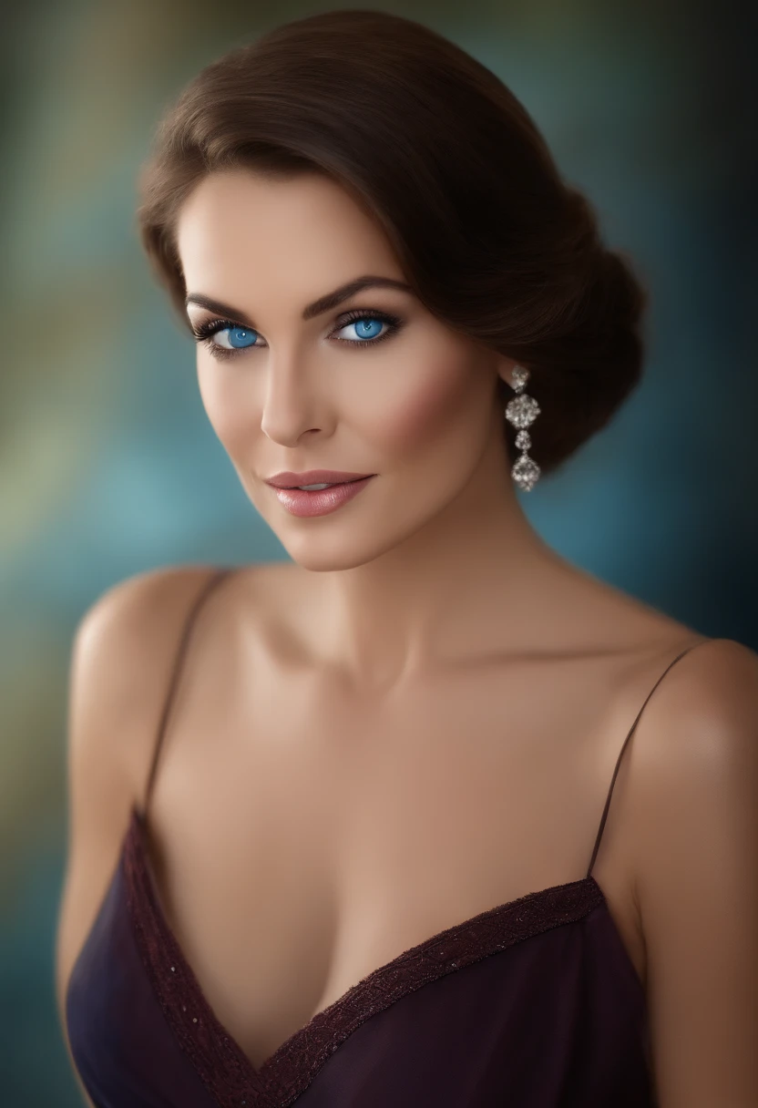 (mature woman:1.1,big cat eyes,sharp jawline, tall:1.1) with (short, brown hair) and (beautiful, blue eyes). She has a (square) face with a (pretty) smile, showcasing her (kissable) lips. The woman exudes elegance and confidence in her appearance. Her eyes are the centerpiece, captivating and expressive, drawing attention to her face. The colors of the portrait are vibrant and saturated, with a focus on the woman's striking blue eyes. The lighting enhances the depth and dimension of her features, creating a (photorealistic) effect. The background is minimal, allowing the woman to take center stage.