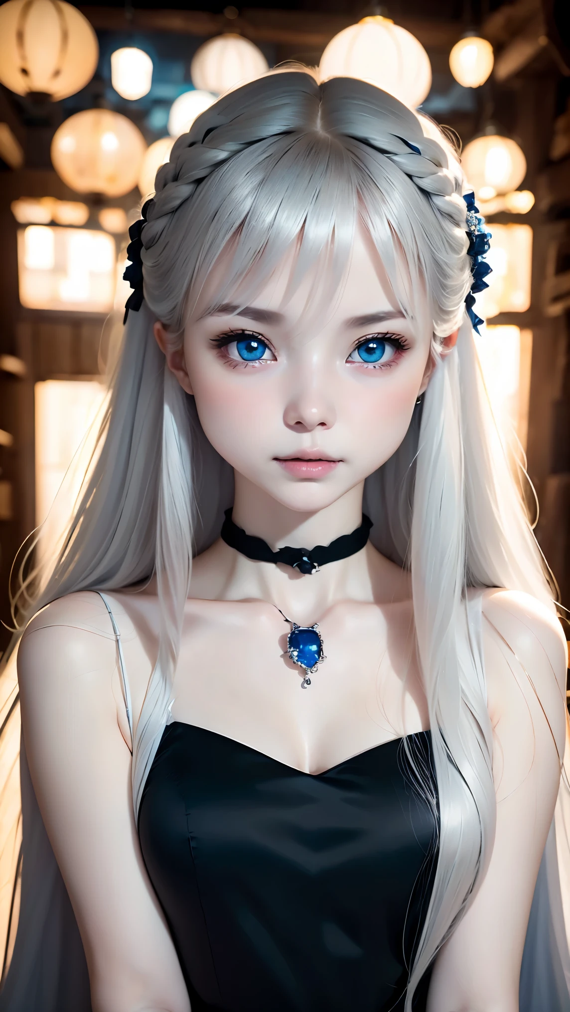 one girl、anatomy、angle above the knees、albino:1.3、unparalleled beauty、16 only、silky white hair、Crystal clear blue eyes、plump lips、Black Long Dress、black choker、Sapphire pendant、Standing、beautiful skin、dense skin、small breasts、are small、White world、Beautiful shading、silence、RAW photo、highest quality、ultra high resolution、high resolution、master piece:1.3、8k、professional photographer、