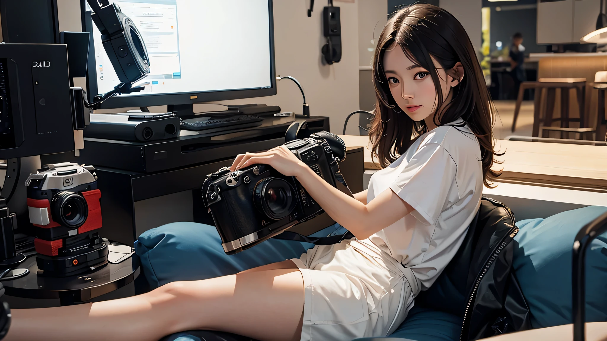 NSFW, score_9, score_8_up, score_7_up, (best quality, official art, very aesthetic, absurdres:1.0),A young Japanese woman with brown straight short hair wearing tank top and mini skirt, (((sitting in a chair searching the internet on her MacBook))), smiling looking at camera, in the colorful living room of a modern apartment.