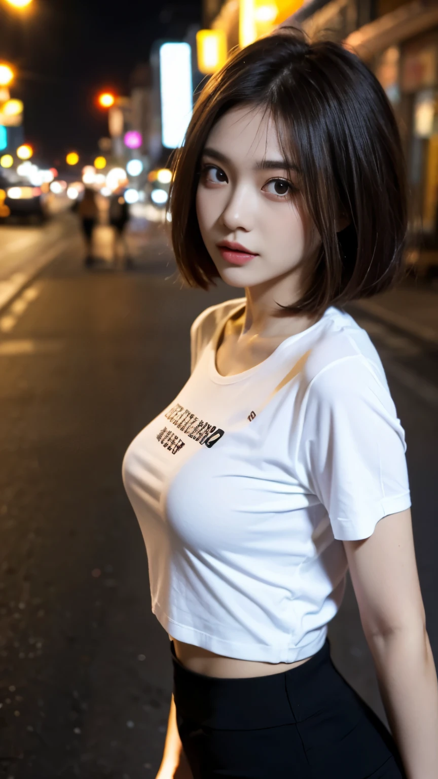 A close up of a woman standing on a street at night - SeaArt AI