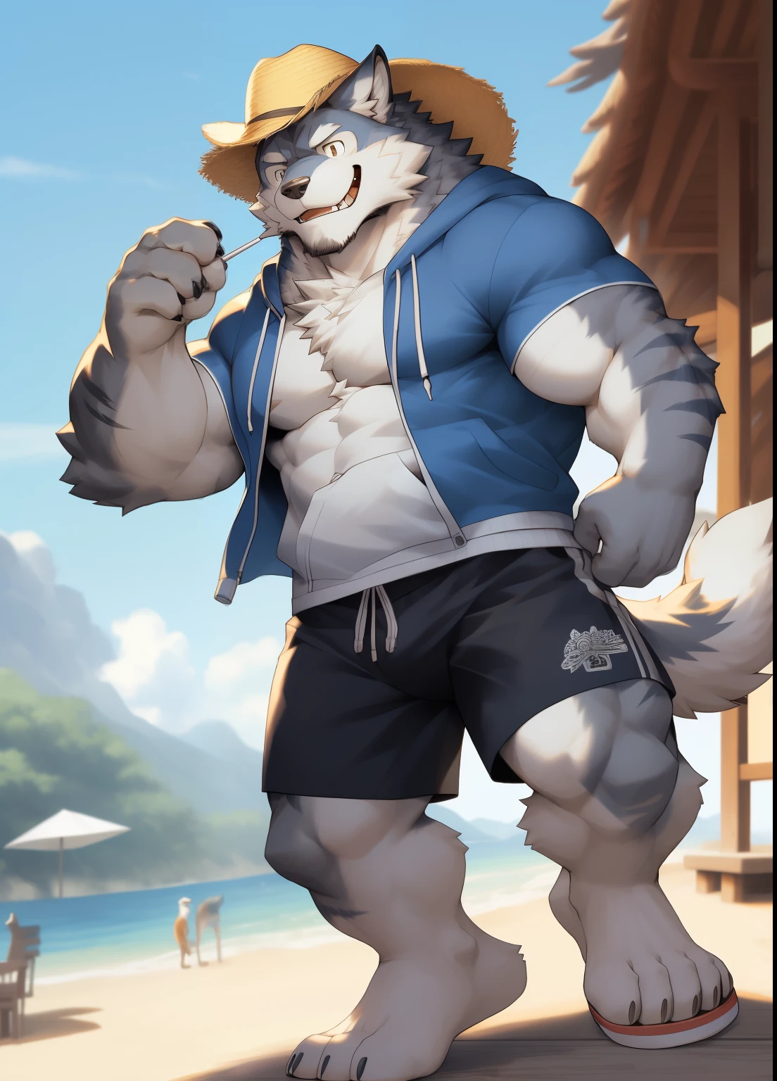 hairy,((Wolf,hoodie,shorts,slippers)),white fur,male,Common,full body picture((极其lifelike阴影,masterpiece,Very detailed,lifelike)), ((Cat)),dynamic poses,Tanonaka,wearing a straw hat,Smile((极其lifelike背景,masterpiece,Very detailed,lifelike))