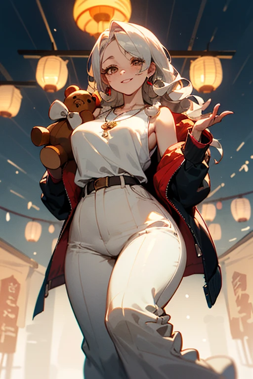 (Masterpiece: 1.5, best quality, high resolution: 1.3, super resolution, super detailed, ultra detailed: 1.3, rich background: 1.2, 1 woman)) pale skin + blond hair + long curly hair + Hair covering her left eye + brown eyes + long eyelashes + chubby body + big chest + wide hips + freckles on cheeks, breasts and shoulders (tank shirt, wide pants, sagging jacket showing shoulders, two necklaces, simple short necklace, long necklace with an emblem) ((smiles, holds a teddy bear, festival background, warm lantern lights)) (colors for clothing and accessories: silver, black, white, cream, red, light blue)