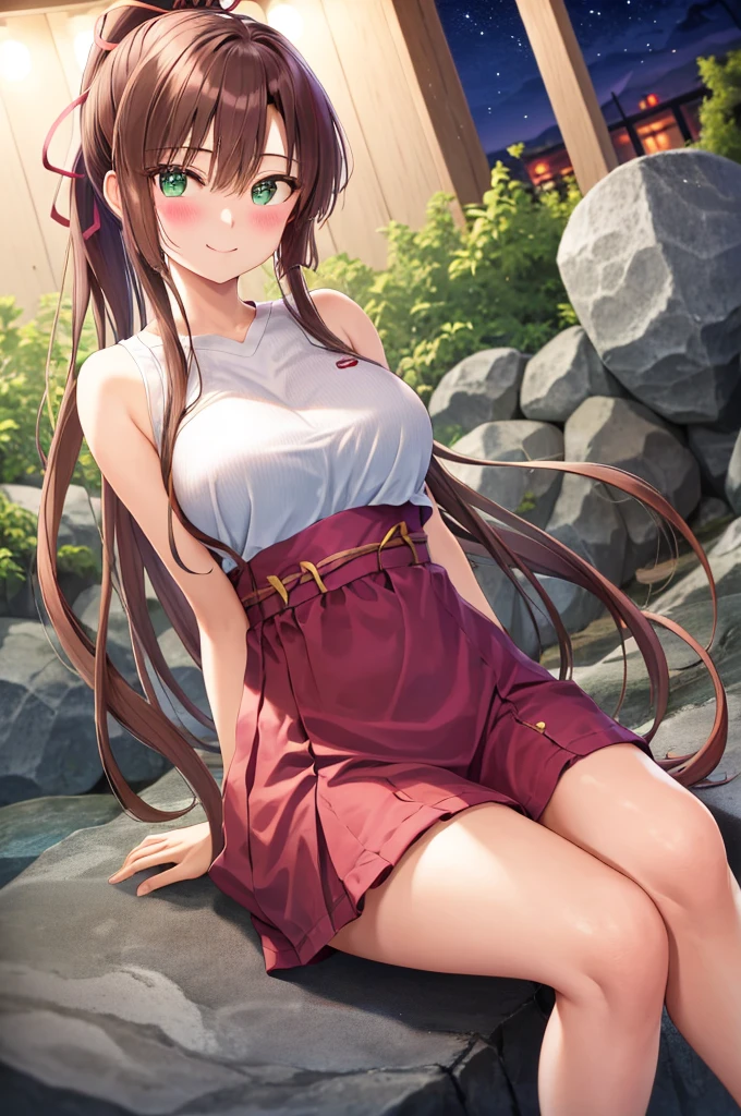 masterpiece, best quality, 1girl kirasaka sayaka high ponytail hair ribbon,BREAK medium breasts, crossed legs, sitting, looking at the viewer, onsen, stone, night, blush, smile, sitting BREAK medium breasts, crossed legs, sitting, looking at the viewer, onsen, stone, night, blush,,towel on body