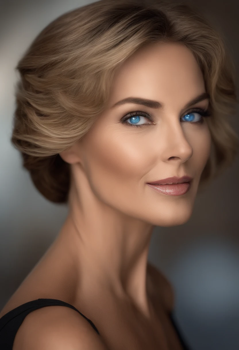 (mature woman:1.1,big cat eyes,sharp jawline, tall:1.1) with (short, brown hair) and (beautiful, blue eyes). She has a (square) face with a (pretty) smile, showcasing her (kissable) lips. The woman exudes elegance and confidence in her appearance. Her eyes are the centerpiece, captivating and expressive, drawing attention to her face. The colors of the portrait are vibrant and saturated, with a focus on the woman's striking blue eyes. The lighting enhances the depth and dimension of her features, creating a (photorealistic) effect. The background is minimal, allowing the woman to take center stage.