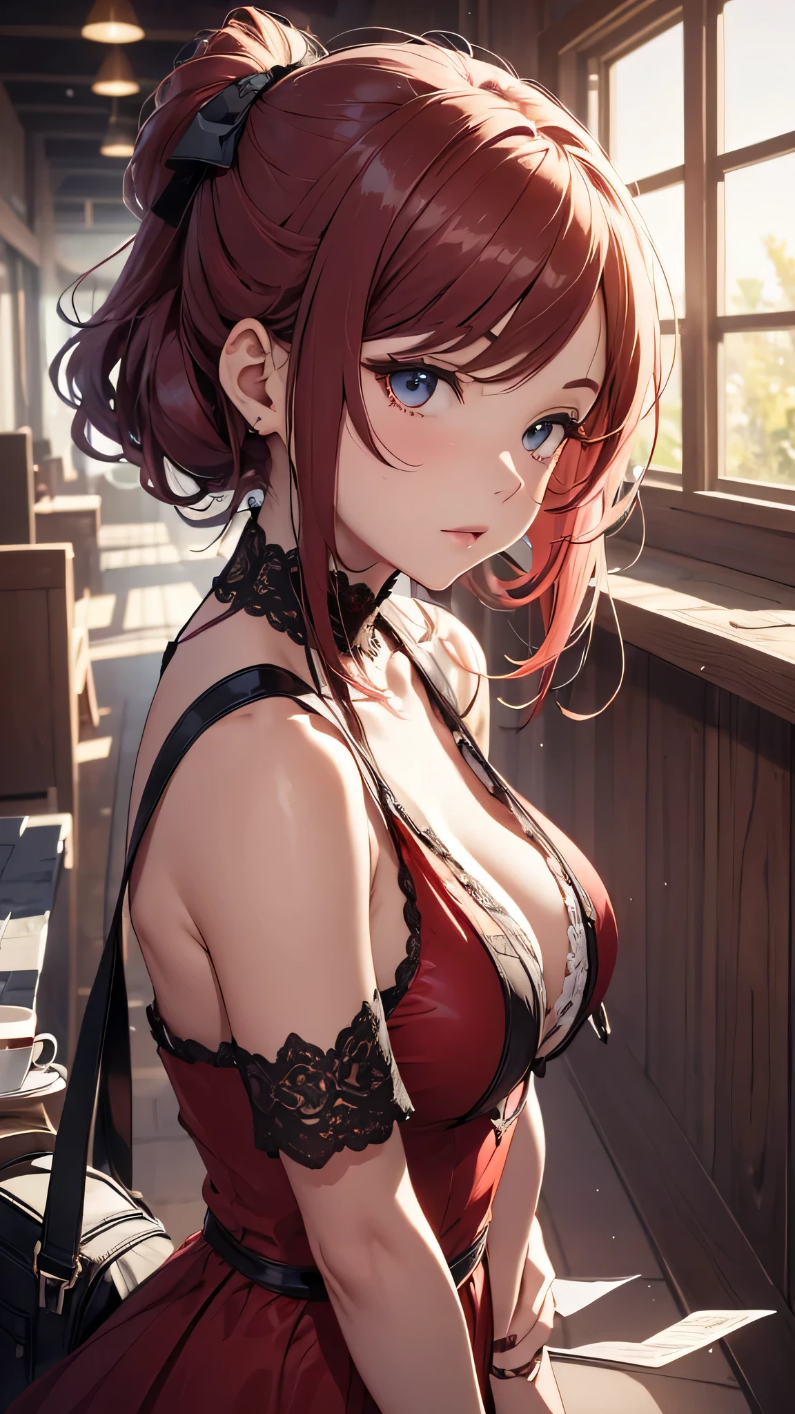 最high quality、best image quality、masterpiece、age girl((18-year-old、 By becoming、vest bust、medium bust,wide open breast tea、black eye, redhead、shortcut、thin,highest valley、red dress、drunk、Let loose)),high quality、beautiful art、background((nightbar)),debris flies、Depth of written boundary、movie、visual art、perfect art、8K,genuine、anime style
