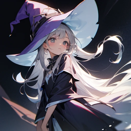 girl with long silver hair、cute、Dressed as a witch