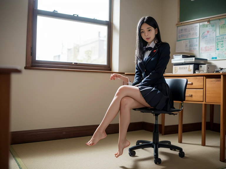 masterpiece, highest quality, 8K, RAW photo,
1 beautiful Japanese girl, 17 years old, cute face, (haircut of uniform length:1.2), (one length), Beautiful shiny black hair, straight hair, Clear white skin, pale skin, composed expression, Japanese High School Uniforms, (long pleated skirt), school classroom, ((full body to the toes)), She is barefoot, beautiful long legs, sitting on a chair, leg lift, Beautiful Whip thighs,
The room is dimly lit, evening, dusk, magic hour,