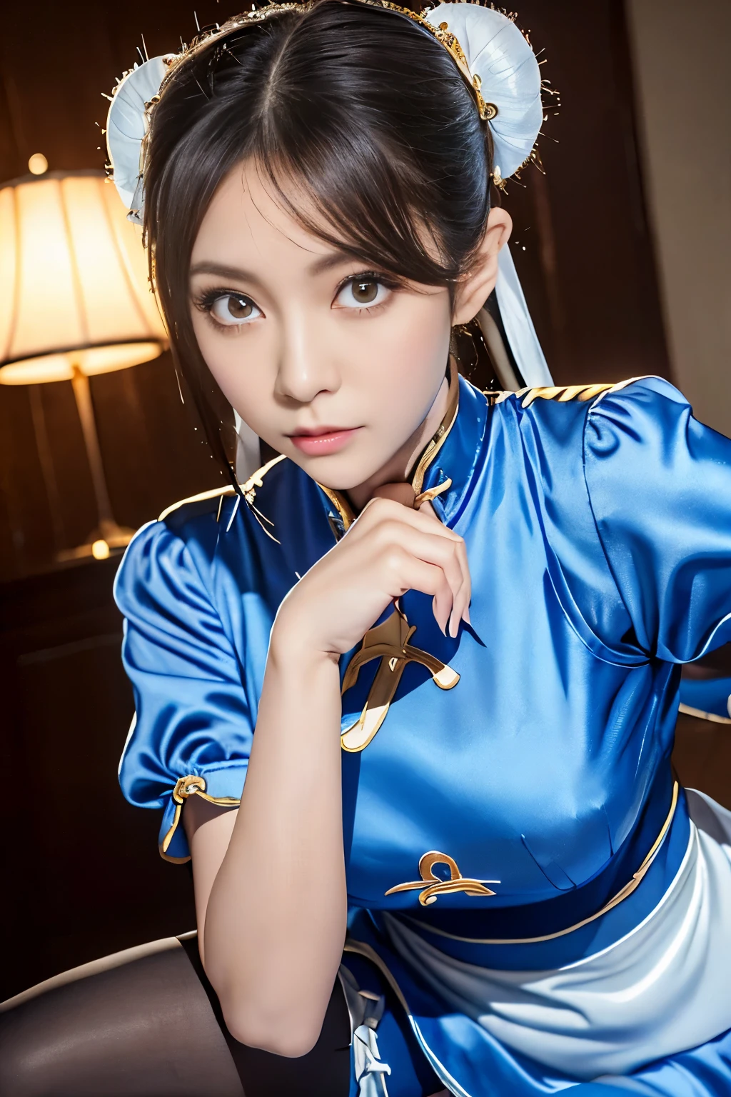 Live-action version of Chun-Li from Street Fighter，feeling of defeat,RAW photo,,(Blue china clothes、Ｃcup breast)、(Looks like a super realistic photo)、portrait、perfect angle、(professional quality、High resolution)、perfect contrast、perfect lighting、perfect composition、perfect skin、perfect hands、perfect fingers、perfect breasts、perfect fast perfect、A masterpiece that reproduces realistic facial features and hairstyles、small white hair clip、ribbon)、(supermodel with long legs)、 ((Sexy blue and gold cheongsam、puff sleeves、blue front droop、Sticky Wristband、thigh slit))、((blue front droop))、(cute日本の女の子、Face the front and look at the camera、Dark brown hair with wet and shiny)、restaurant、on the road、Light in Eye Ace Perfect、face becomes smaller、double eyelid、Big eyes、money is better than beauty、teenage、cute、spotless、lip gloss、Stand facing the front、((Slender and stretched thin pantyhose、shiny pantyhose、white long boots))、movie lighting、light shines on your face