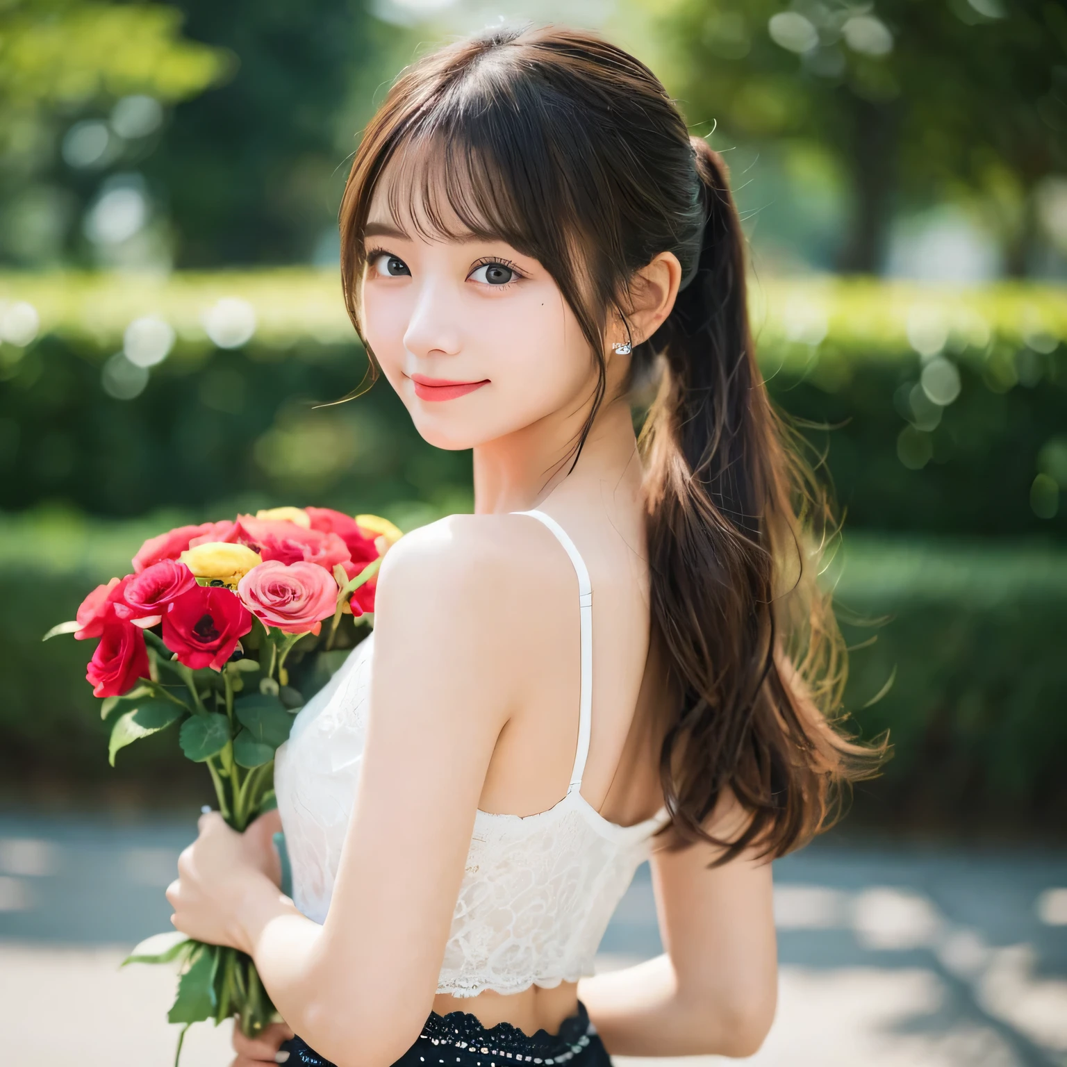 Beauty,  high quality, Complete, In detail, High resolution, 8k wallpaper, whole body, Perfect dynamic composition,  Beautiful attention to detail, Random sexy poses, Charm,Alluring, 20 year's old, round face, smile, ((playboy bunny)), rose garden, twin braids