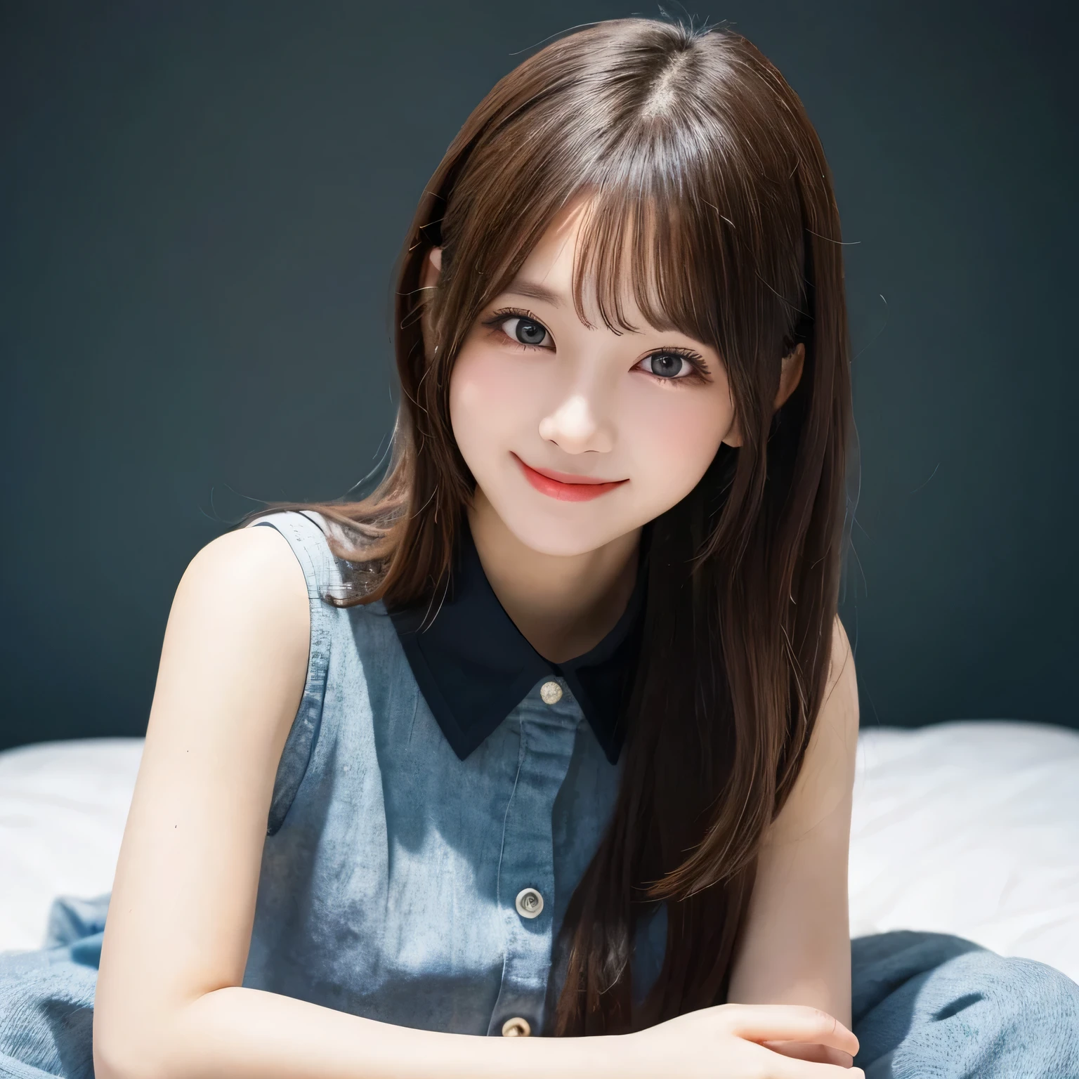 on the table, best quality, illustration, Super detailed, fine details, high resolution, 8k wallpaper, Perfect dynamic composition, Beautiful and delicate eyes,full body photography，show your whole body、collared shirt、mini skirt,thin and transparent、long gray hair, Bold sexy pose,Smile,Harajuku、20 year old girl、Above the legs