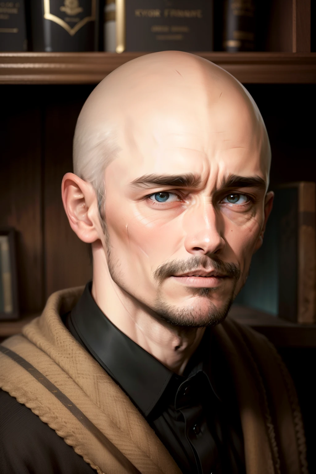 On a dark wooden shelf, a portrait of James Franco stands alone, bald and bold, hisfocused gaze fixed on an unseen audience. The sophisticated and minimal design of the setup highlights the intricacies of his aged features, the single image of the male subject drawing the eye with an undeniable allure.