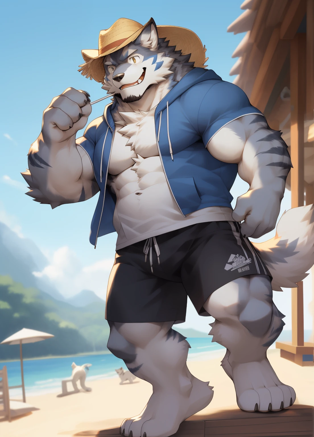 hairy,((Wolf,Shirtless,construction shorts,There are sunglasses on the head,A white towel hangs around his neck)),beard,white fur,male,Common,full body picture((极其lifelike阴影,masterpiece,Very detailed,lifelike)), ((Cat)),dynamic poses,seaside beach,Drink drinks((极其lifelike背景,masterpiece,Very detailed,lifelike))detailed background