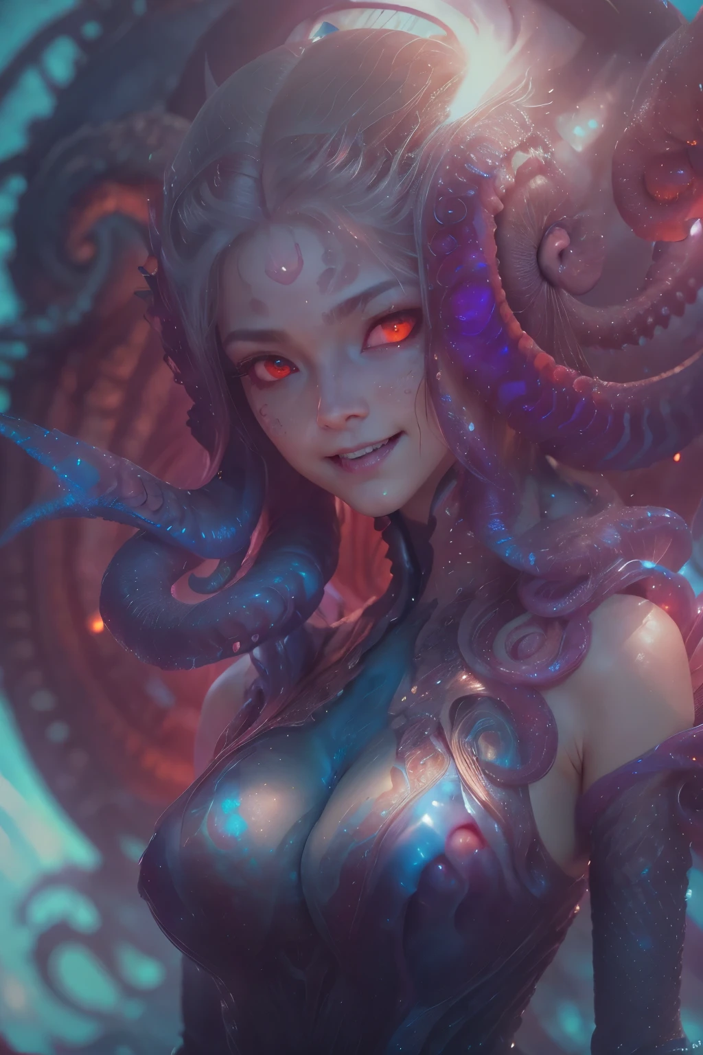 best quality, masterpiece, ultra high resolution, (photos realistic:1.7), scary and sexy detailed art in color, Portrait, (beautiful and obscene female alien:1.4), (vulgarity1.7), (she has red eyes with no pupils:1.8), (Translucent blueskin:1.7), (There is a female genital-like organ in the middle of the forehead:1.9), (The most beautiful face in the history of the universe:1.2),an evil gaze that seduces, (large mouth:1.1), (sharp teeth like a vampire:1.2), Full body portrait, (bio luminescent:1.5), (Smile wickedly:1.3), (sexypose:1.5), alien, No humans, cells are fused, (Lots of translucent tentacles:1.3) extraterrestrial, cell, bio image, best quality, 8K,In 4K_quality, High freshness, Dramatic Lighting, cinematic quality, detail up, (exquisite details:1.2), High freshness, drawing faithfully, (Thick eyebrows:1.2), Beautiful eyes with fine symmetry,(Highly detailed face and eyes:1.2), Intimate face, (Super detailed skin quality feeling:1.4), perfect anatomy, (Beautiful toned body:1.5), (Moist skin:1.2), not wearing makeup, (dark circles:1.1), long canines, cinematic drawing of characters, ultra high quality model, cinematic quality, detail up, (exquisite details:1.2), high resolution, High freshness, drawing faithfully, official art, Unity 8K Wall paper, ultra detailed artistic photography, midnight aura, unreal engine 5, Ultra Sharp Focus, art by Amano Yoshitaka, ArtGerm, Roisch, intricate artwork,ultra realistic realism, dream-like, nautilus, Creation of fantasy, Snail, Dream Snail, (biopunk nautilus:1.3),Thrilling color schemes, seductively smiling, Blue tentacles, Amazing mutation, well-proportioned body, goddess of the deep sea
