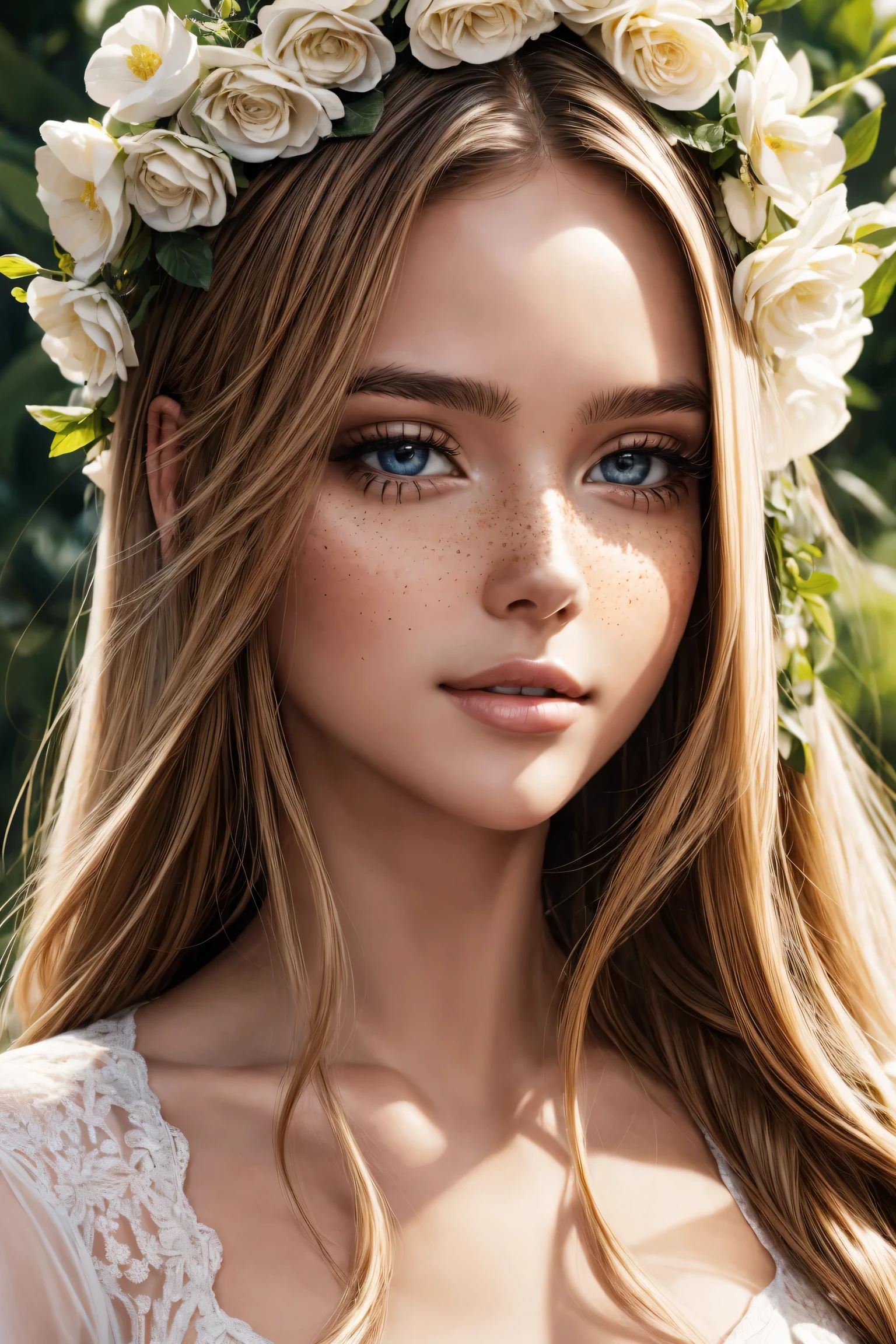 (high quality,4K,8k,high resolution,masterpiece:1.2),Beautiful and delicate eyes,Beautiful and delicate lips,Extremely detailed eyes and face,long eyelashes,(portrait:1.1),Gorgeous,smiling,fashionable,ethereal,Obsessed,fantasy,flowery,fantastic,Beautiful garden setting,soft sunshine,romantic atmosphere,whimsical,Perfectly flowing hair,bright colors,Feminine,fashionable着装,Loving gaze,Beautiful features,Moderate,beautiful,happiness,freckle,charming,wonderful,carefree,perfect complexion,divine being