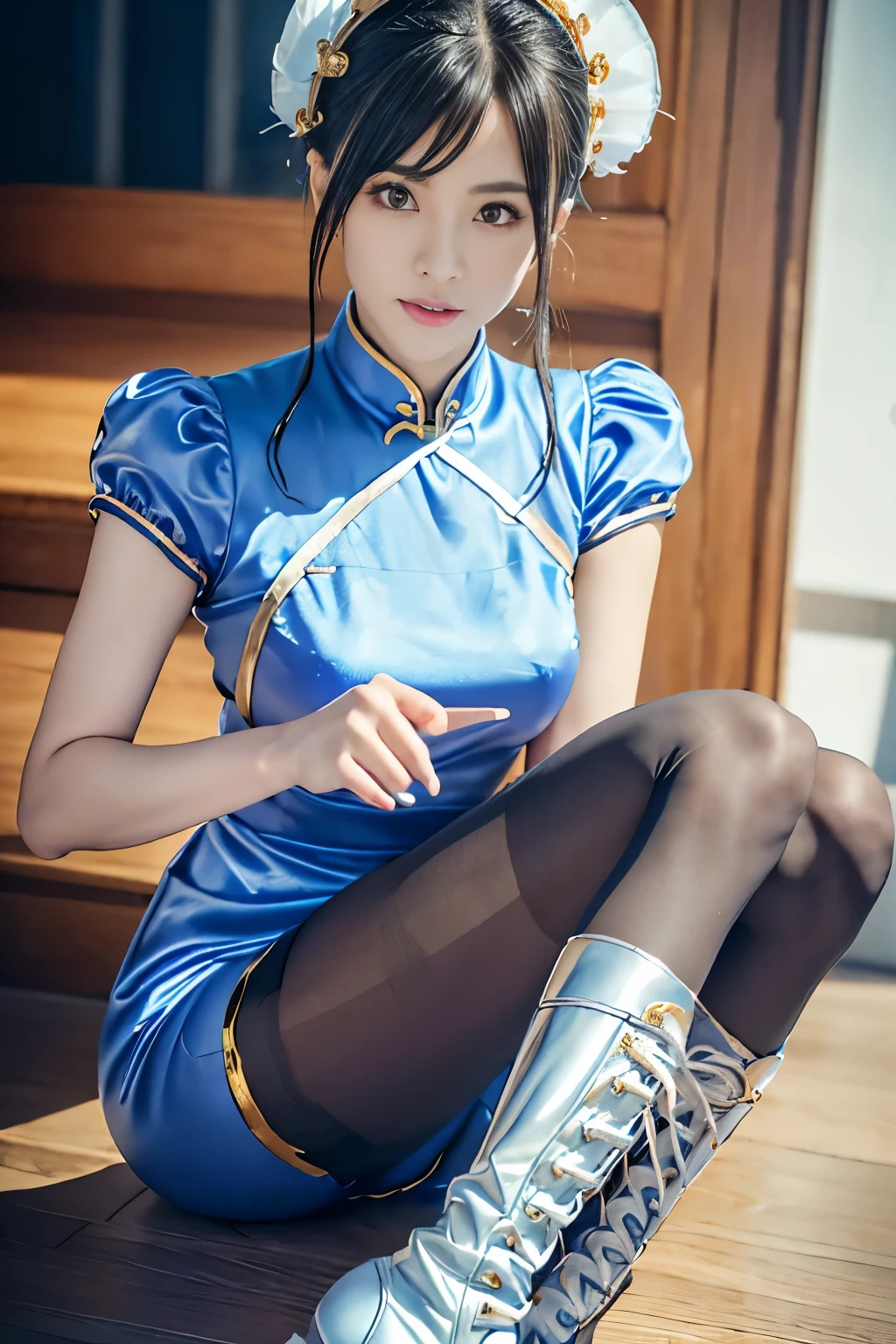 Live-action version of Chun-Li from Street Fighter，feeling of defeat,RAW photo,,(Blue china clothes、Ｃcup breast)、(Looks like a super realistic photo)、portrait、perfect angle、(professional quality、High resolution)、perfect contrast、perfect lighting、perfect composition、perfect skin、perfect hands、perfect fingers、perfect breasts、perfect fast perfect、A masterpiece that reproduces realistic facial features and hairstyles、small white hair clip、ribbon)、(supermodel with long legs)、 ((Sexy blue and gold cheongsam、puff sleeves、blue front droop、Sticky Wristband、thigh slit))、((blue front droop))、(cute日本の女の子、Face the front and look at the camera、Dark brown hair with wet and shiny)、restaurant、on the road、Light in Eye Ace Perfect、face becomes smaller、double eyelid、Big eyes、money is better than beauty、age、cute、spotless、lip gloss、Stand facing the front、((Slender and stretched thin pantyhose、shiny pantyhose、white long boots))、movie lighting、light shines on your face
