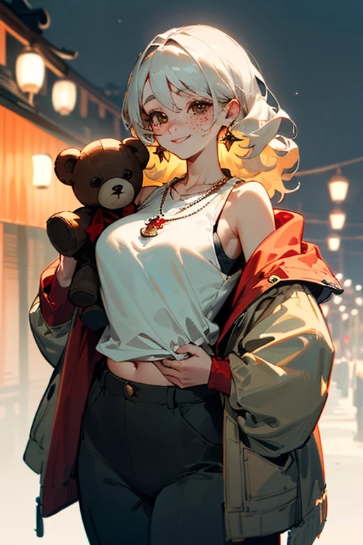 (Masterpiece: 1.5, best quality, high resolution: 1.3, super resolution, super detailed, ultra detailed: 1.3, rich background: 1.2, 1 woman)) pale skin + blond hair + long curly hair + Hair covering her left eye + brown eyes + long eyelashes + chubby body + big chest + wide hips + freckles on cheeks, breasts and shoulders (tank shirt, wide pants, sagging jacket showing shoulders, two necklaces, simple short necklace, long necklace with an emblem) ((smiles, holds a teddy bear, festival background, warm lantern lights)) (colors for clothing and accessories: silver, black, white, cream, red, light blue)