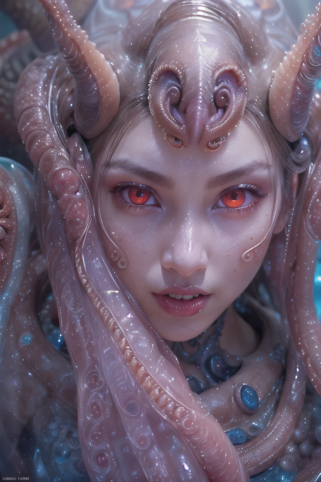 best quality, masterpiece, ultra high resolution, (photos realistic:1.7), scary and sexy detailed art in color, Portrait, (beautiful and obscene female alien:1.4), (vulgarity1.7), (she has red eyes with no pupils:1.8), (Translucent blueskin:1.7), (There is a female genital-like organ in the middle of the forehead:1.9), (The most beautiful face in the history of the universe:1.2),an evil gaze that seduces, (large mouth:1.1), (sharp teeth like a vampire:1.2), Full body portrait, (bio luminescent:1.5), (Smile wickedly:1.3), (sexypose:1.5), alien, No humans, cells are fused, (Lots of translucent tentacles:1.3) extraterrestrial, cell, bio image, best quality, 8K,In 4K_quality, High freshness, Dramatic Lighting, cinematic quality, detail up, (exquisite details:1.2), High freshness, drawing faithfully, (Thick eyebrows:1.2), Beautiful eyes with fine symmetry,(Highly detailed face and eyes:1.2), Intimate face, (Super detailed skin quality feeling:1.4), perfect anatomy, (Beautiful toned body:1.5), (Moist skin:1.2), not wearing makeup, (dark circles:1.1), long canines, cinematic drawing of characters, ultra high quality model, cinematic quality, detail up, (exquisite details:1.2), high resolution, High freshness, drawing faithfully, official art, Unity 8K Wall paper, ultra detailed artistic photography, midnight aura, unreal engine 5, Ultra Sharp Focus, art by Amano Yoshitaka, ArtGerm, Roisch, intricate artwork,ultra realistic realism, dream-like, nautilus, Creation of fantasy, Snail, Dream Snail, (biopunk nautilus:1.3),Thrilling color schemes, seductively smiling, Blue tentacles, Amazing mutation, well-proportioned body, goddess of the deep sea