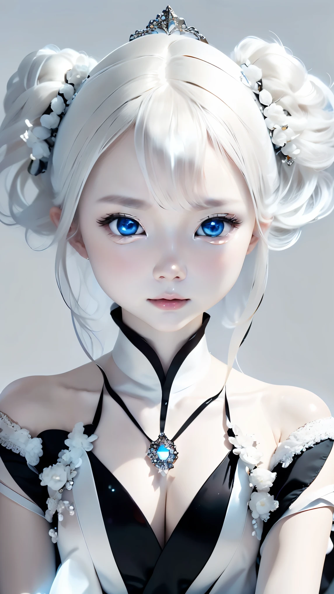 one girl、anatomy、angle above the knees、albino:1.3、unparalleled beauty、16 only、silky white hair、Crystal clear blue eyes、plump lips、Black Long Dress、black choker、Sapphire pendant、Standing、beautiful skin、dense skin、small breasts、are small、(((white background、White world、Beautiful shading:1.5)))、silence、RAW photo、highest quality、ultra high resolution、high resolution、master piece:1.3、８ｋ、professional photographer、
